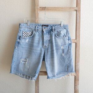 ZARA Shorts Mens Sz 31 Denim Jorts Distressed Ripped Checkerboard Chess